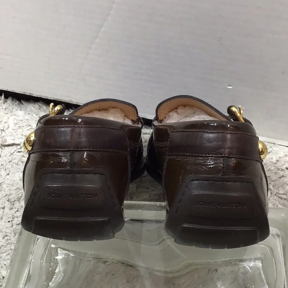 Louis Vuitton Dark Brown patent leather moccasin Loafers with Gold Buckles 37
